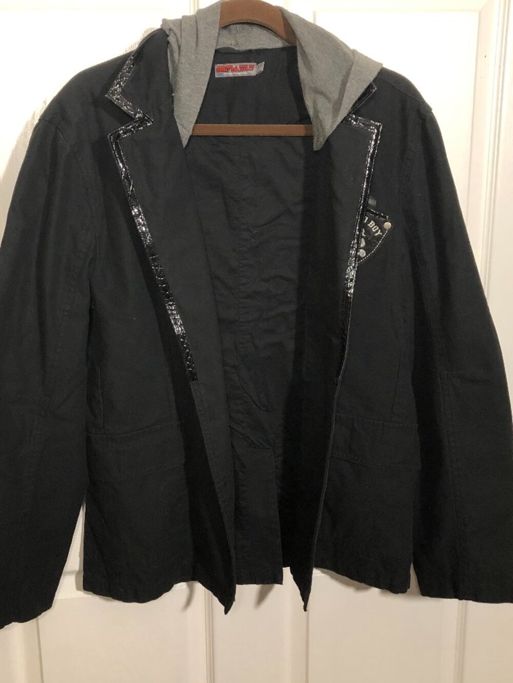 Vintage Tezuka Astro Boy men black buttoned hooded jacket, gray hood, L